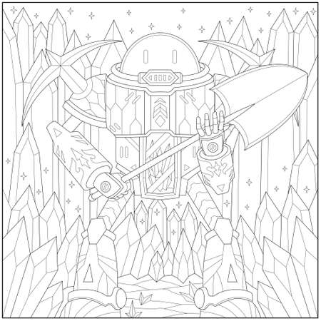 Fantasy miner robot harvest crystal chunk in the crystal dungeon. Learning and education coloring page illustration for adults and children. Outline style, black and white drawingのイラスト素材