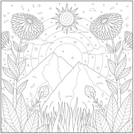 Fantasy sunflower and grass grow in the mountain under the sunny sky. Learning and education coloring page illustration for adults and children. Outline style, black and white drawingのイラスト素材