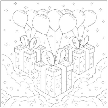 Fantasy balloon and gift box floating in the cloudy sky. Learning and education coloring page illustration for adults and children. Outline style, black and white drawingのイラスト素材