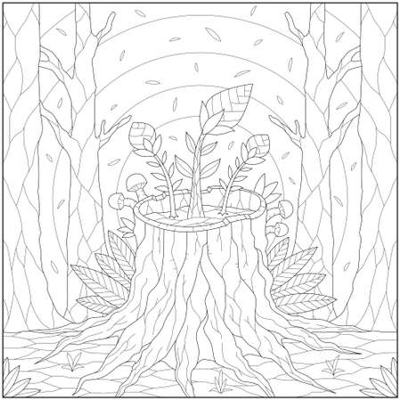 Fantasy plant and flower grow on the tree root in the forest. Learning and education coloring page illustration for adults and children. Outline style, black and white drawingのイラスト素材