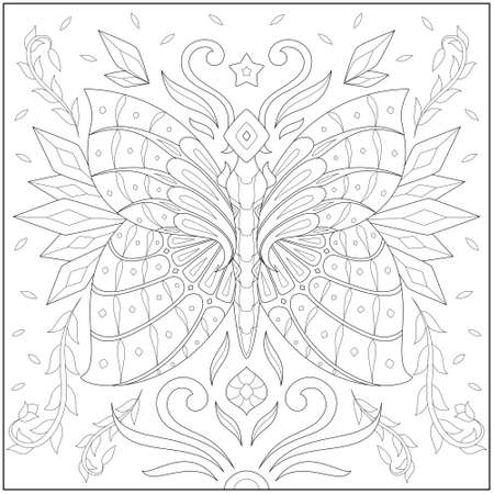 Amazing fantasy crystal butterfly illustration with plant and star. Learning and education coloring page illustration for adults and children. Outline style, black and white drawingのイラスト素材