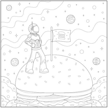 Fantasy astronaut landing on the planet burger and plant the flag. Learning and education coloring page illustration for adults and children. Outline style, black and white drawingのイラスト素材