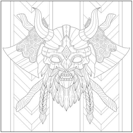 Amazing Viking chieftain skull with beard and axe. Learning and education coloring page illustration for adults and children. Outline style, black and white drawingのイラスト素材