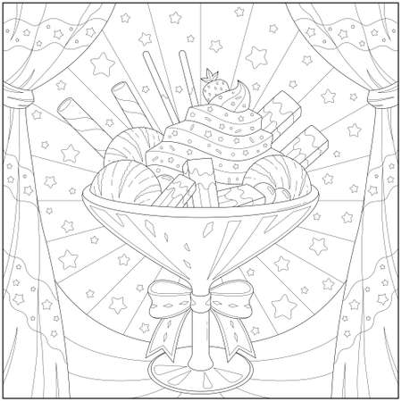 Amazing and delicious parfait with ice cream and fruit. Learning and education coloring page illustration for adults and children. Outline style, black and white drawingのイラスト素材