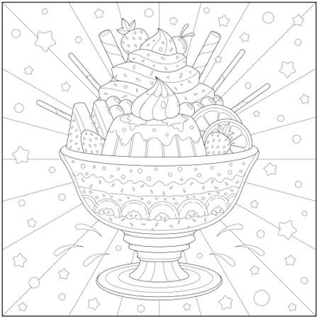 Amazing and delicious ice cream sundae with fruit and pudding. Learning and education coloring page illustration for adults and children. Outline style, black and white drawingのイラスト素材