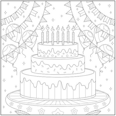 Amazing and fancy wedding cake with balloon and celebration flag. Learning and education coloring page illustration for adults and children. Outline style, black and white drawingのイラスト素材