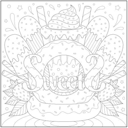 Fantasy Sweet doughnut, cake, ice cream with strawberry fruit. Learning and education coloring page illustration for adults and children. Outline style, black and white drawingのイラスト素材