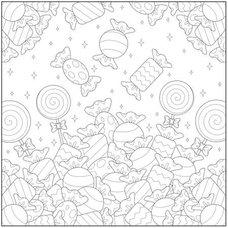 Fantasy candy rain and lot of sweet snacks. Learning and education coloring page illustration for adults and children. Outline style, black and white drawingのイラスト素材