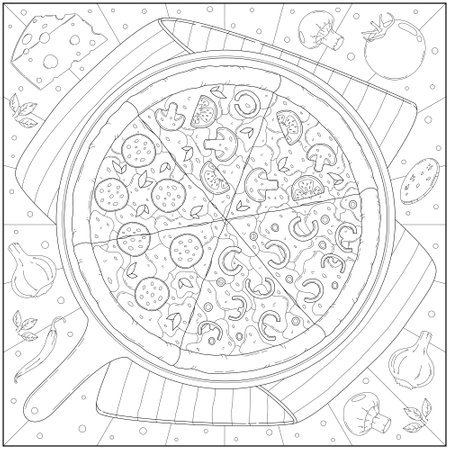 Delicious pepperoni cheese pizza and ingredient in the pan. Learning and education coloring page illustration for adults and children. Outline style, black and white drawingのイラスト素材