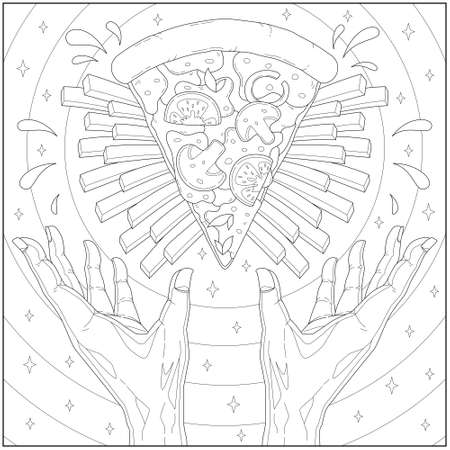 Amazing and fancy pizza slice and french fries with hand want to reach it. Learning and education coloring page illustration for adults and children. Outline style, black and white drawingのイラスト素材