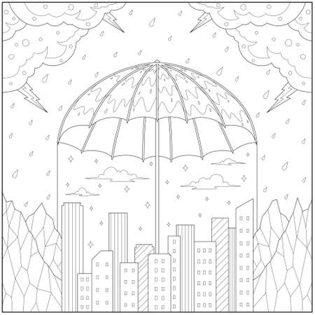 Fantasy giant umbrella covers the city from rain and thunder. Learning and education coloring page illustration for adults and children. Outline style, black and white drawing.のイラスト素材