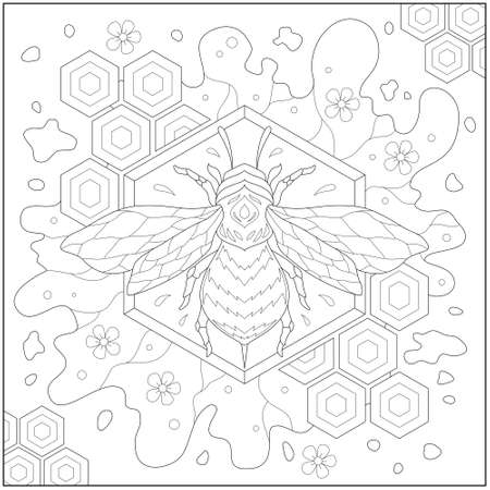 Fantasy bee in the beeswax and honey with flower and beautiful hexagon border. Learning and education coloring page illustration for adults and children. Outline style, black and white drawing.のイラスト素材