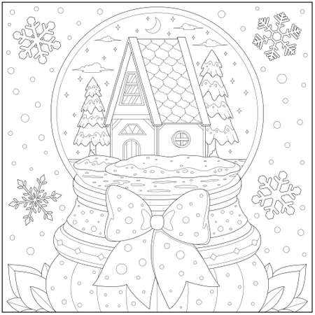 Fantasy miniature of house in the glass ball souvenir with beautiful ribbon. Learning and education coloring page illustration for adults and children. Outline style, black and white drawing.のイラスト素材