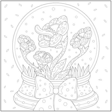 Fantasy herbivore flower in the glass ball with beautiful ribbon. Learning and education coloring page illustration for adults and children. Outline style, black and white drawing.のイラスト素材