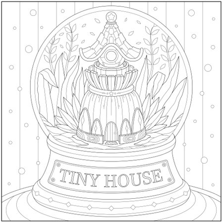Fantasy souvenir tiny house inside the glass ball. Learning and education coloring page illustration for adults and children. Outline style, black and white drawing.のイラスト素材