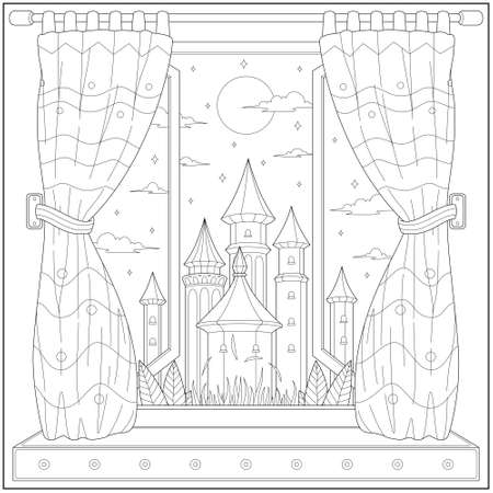 Kingdom castle view from house curtain in beautiful landscape. Learning and education coloring page illustration for adults and children. Outline style, black and white drawing.のイラスト素材