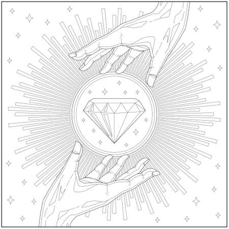 Fantasy hand over shining emerald gemstone. Learning and education coloring page illustration for adults and children. Outline style, black and white drawingのイラスト素材