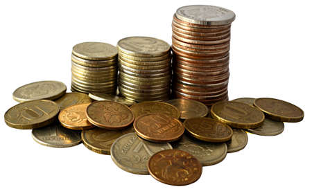 pile of coins in the form of arrows isolated on white backgroundの写真素材