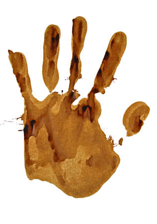 coffee-colored hand print isolated on whiteの写真素材