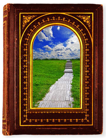 brown, old book with gilded ornament isolated on whiteの写真素材