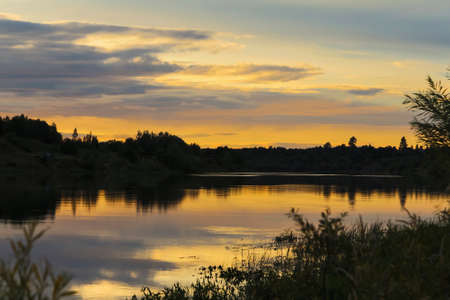 beautiful sunset on the forest lake in summerの写真素材