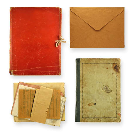 Set of old books, folders and envelope isolated on white .の写真素材
