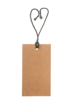 price tag on waxed cord from recycled paper, white backgroundの写真素材