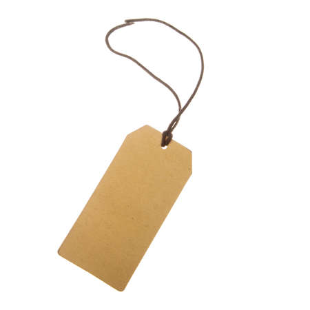 price tag on waxed cord from recycled paper, white backgroundの写真素材
