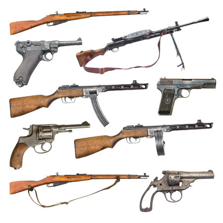 set of antique firearms weapons. pistols, rifles, machine guns isolated on white background