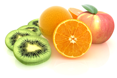slices of kiwi, apple, orange and half orange on a white の写真素材
