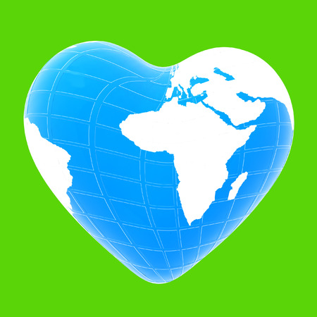 3d earth to heart symbol on a green backgroundの写真素材