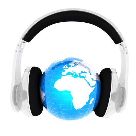 Blue earth with headphones from transparent plastic  World music concept isolated on whiteの写真素材