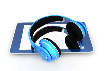 phone and headphones on a white backgroundの写真素材