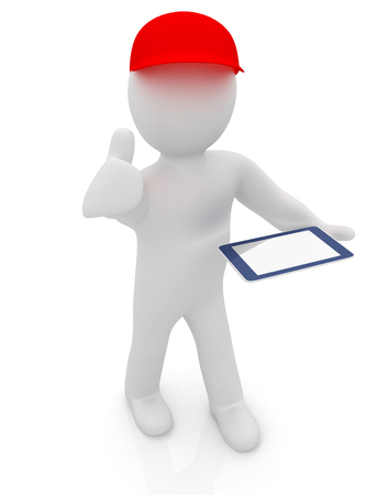 3d white man in a red peaked cap with thumb up and tablet pc on a white backgroundの写真素材