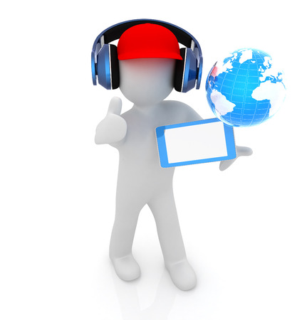 3d white man in a red peaked cap with thumb up, tablet pc and headphones. Global concept with blue earth の写真素材