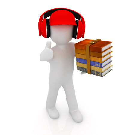 3d white man in a red peaked cap with thumb up, books and headphones on a white backgroundの写真素材