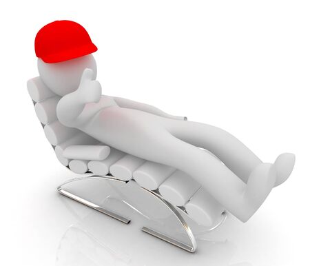 3d white man lying chair with thumb up on white background の写真素材