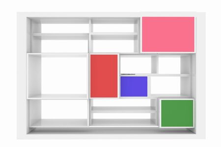 3d isolated Empty colorful bookshelf on a white backgroundの写真素材