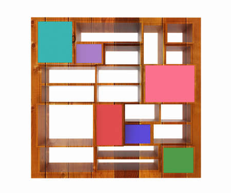 3d isolated Empty wood colorful bookshelf on a white backgroundの写真素材