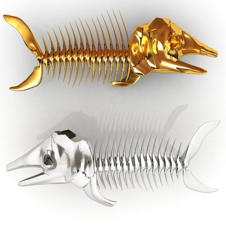 3d metall illustration of fish skeleton on a white backgroundの写真素材