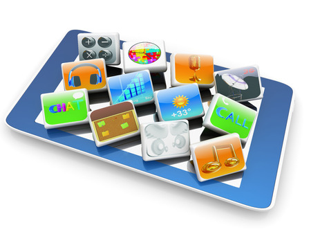Touchscreen Smart Phone with Cloud of Media Application Icons on a white backgroundの写真素材