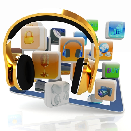 Phone gold on tablet pc with cloud of media application Icons on a white backgroundの写真素材