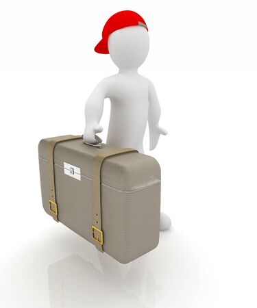 Leather suitcase for travel with 3d man on a white backgroundの写真素材