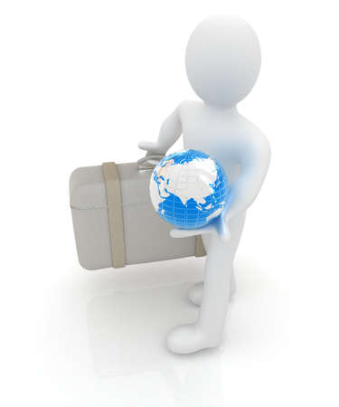 Leather suitcase for travel with 3d man and earth on a white backgroundの写真素材