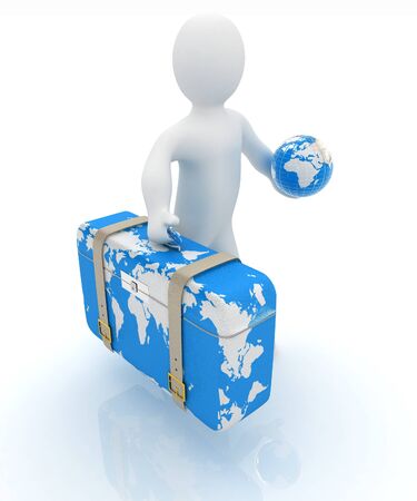 Leather suitcase for travel with 3d man and earth on a white backgroundの写真素材