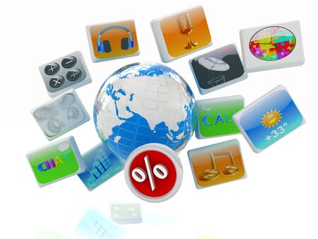 Earth and percent with cloud of media application Icons on a white backgroundの写真素材