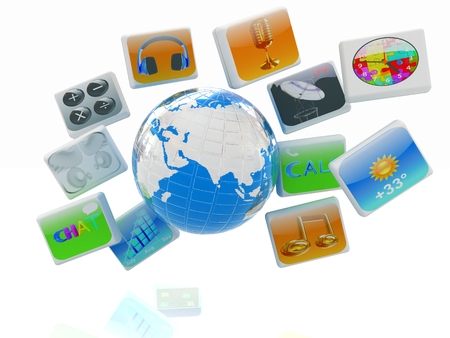 Earth with cloud of media application Icons on a white backgroundの写真素材