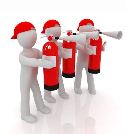 3d mans with red fire extinguisher on a white backgroundの写真素材