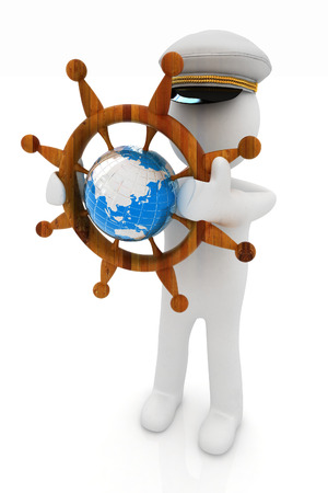 Sailor with wood steering wheel and earth. Trip around the world concept on a white backgroundの写真素材