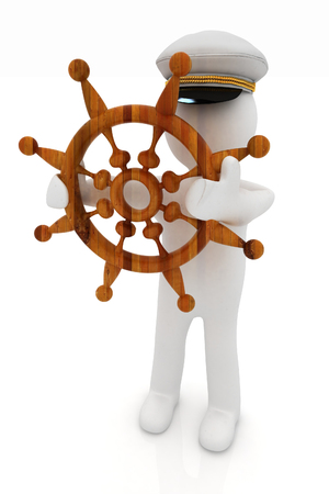Sailor with wood steering wheel and earth. Trip around the world concept on a white backgroundの写真素材
